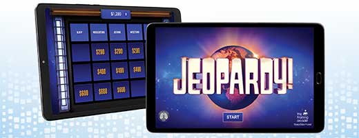 A tablet with a Jeopardy game on it 